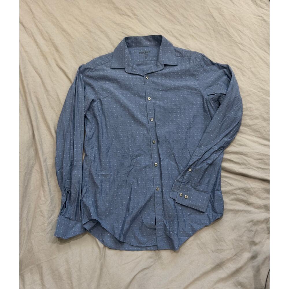 DKNY Slim Fit 100% Cotton Blue Pattern Dress Shirt